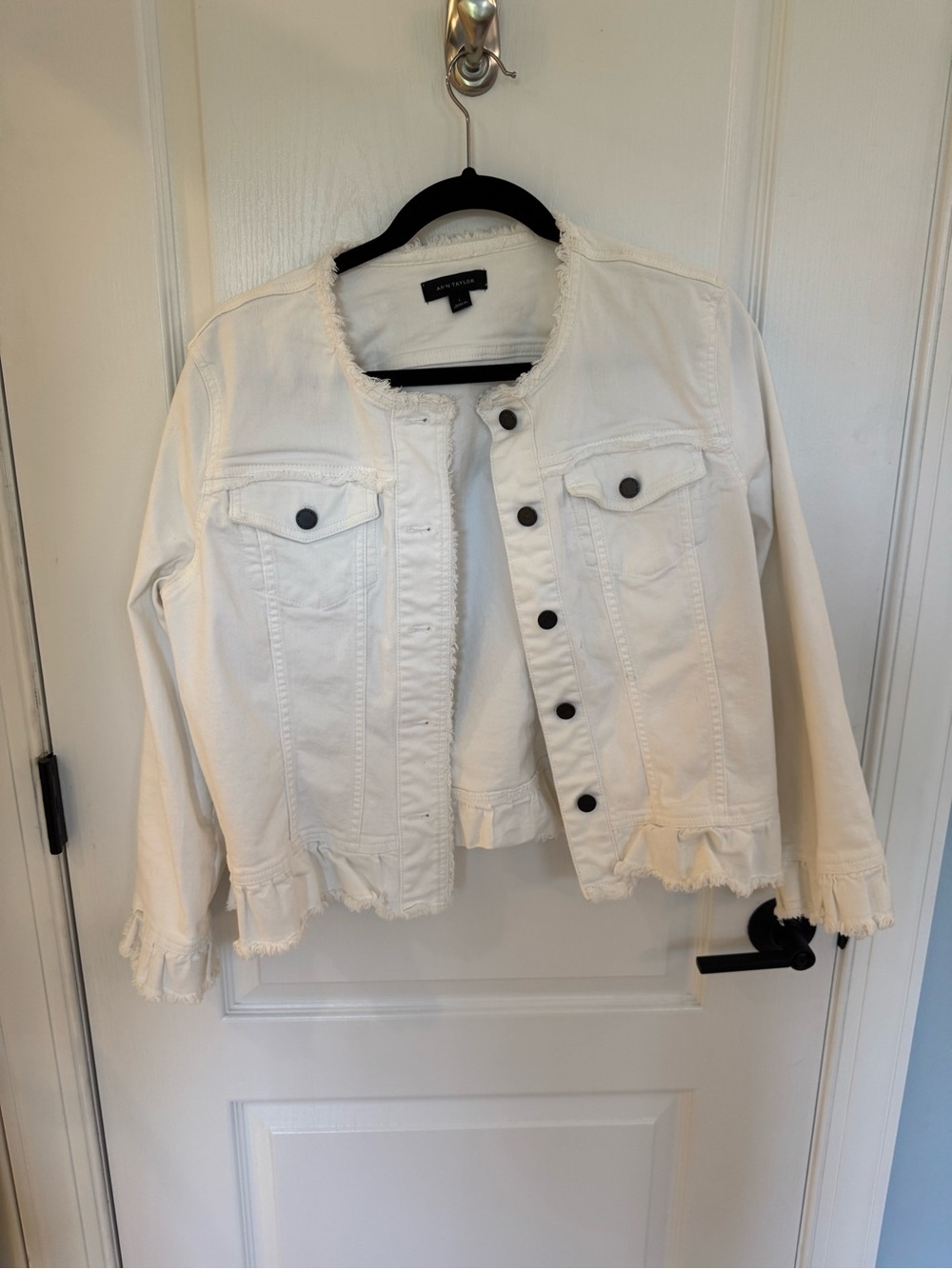 Ann Taylor White Frayed Hem Denim Jacket